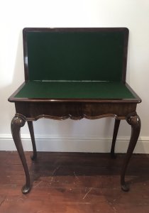 Waring And Gillow Charles I Style Walnut Card Table Lancaster Factory Stamped By Maker No 76857/1 And Plaque Inside Elegant Period Charles I Legs Turn Around Top To Reveal Storage Compartment For Games Ect Lovely Original Beize Green Top Lovely Patina Dimensions In Inches Height 30.5” Width 30” Depth 13.5”