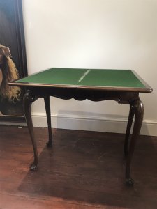 Waring And Gillow Charles I Style Walnut Card Table Lancaster Factory Stamped By Maker No 76857/1 And Plaque Inside Elegant Period Charles I Legs Turn Around Top To Reveal Storage Compartment For Games Ect Lovely Original Beize Green Top Lovely Patina Dimensions In Inches Height 30.5” Width 30” Depth 13.5”