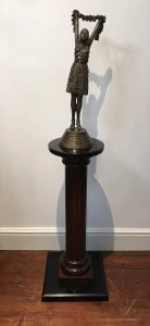 Fine Vintage Roman Style Corinthian Column Hardwood Pedestal Reeded Corinthian Column And Ebony Top Square Solid Base Perfect Plinth To Showcase Your Favourite Statue Lovely Condition Signs Of Wear Die To Age And Usage Female Bronze Statue Not Included Dimensions In Inches Height 34” Base Width 15.5” Sq Weight Approx 15Kg