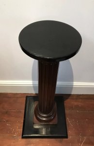 Fine Vintage Roman Style Corinthian Column Hardwood Pedestal Reeded Corinthian Column And Ebony Top Square Solid Base Perfect Plinth To Showcase Your Favourite Statue Lovely Condition Signs Of Wear Die To Age And Usage Female Bronze Statue Not Included Dimensions In Inches Height 34” Base Width 15.5” Sq Weight Approx 15Kg