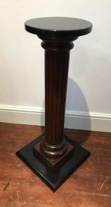 Fine Vintage Roman Style Corinthian Column Hardwood Pedestal Reeded Corinthian Column And Ebony Top Square Solid Base Perfect Plinth To Showcase Your Favourite Statue Lovely Condition Signs Of Wear Die To Age And Usage Female Bronze Statue Not Included Dimensions In Inches Height 34” Base Width 15.5” Sq Weight Approx 15Kg