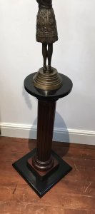 Fine Vintage Roman Style Corinthian Column Hardwood Pedestal Reeded Corinthian Column And Ebony Top Square Solid Base Perfect Plinth To Showcase Your Favourite Statue Lovely Condition Signs Of Wear Die To Age And Usage Female Bronze Statue Not Included Dimensions In Inches Height 34” Base Width 15.5” Sq Weight Approx 15Kg