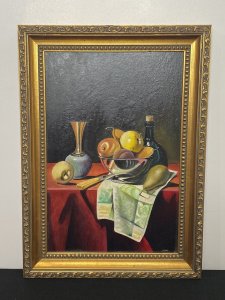 20th Century Dutch Golden Age Still Life Oil Painting Signed J REED Circa - 20th Century Composition- Oil On Canvas An Breathtaking Artwork Of A Meticulously Place Still Life Ensemble Of Fruit In A Iridescent Bowl, Ewer Jug, Fruit Knife, Patterned Napkin And Garish Beaujolais Table Cover In The Dutch Golden Age Style. A Vibrant Colour Pallet With Crisp Lines And Impressive Use Of Photorealism. Signed By Accomplished Artist J Reed (Right Bottom Corner) Brief Artist History American Artist Edward J Reed Has Won Numerous Awards And Art Critics Herald Him As ‘One Of The Supreme Masters Of The Technical Aspects Of Classical Realism. Provenance Purchased From Prestigious London Art Gallery And Now Part Of The Lord Hill Museum Private Collection. Dimensions In Inches Frame Height 19” X Width 14” Painting Height 15 3/4” X Width 10”
