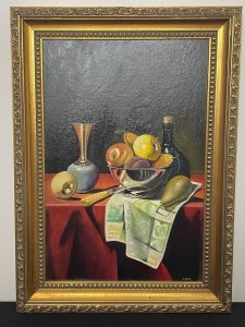 20th Century Dutch Golden Age Still Life Oil Painting Signed J REED Circa - 20th Century Composition- Oil On Canvas An Breathtaking Artwork Of A Meticulously Place Still Life Ensemble Of Fruit In A Iridescent Bowl, Ewer Jug, Fruit Knife, Patterned Napkin And Garish Beaujolais Table Cover In The Dutch Golden Age Style. A Vibrant Colour Pallet With Crisp Lines And Impressive Use Of Photorealism. Signed By Accomplished Artist J Reed (Right Bottom Corner) Brief Artist History American Artist Edward J Reed Has Won Numerous Awards And Art Critics Herald Him As ‘One Of The Supreme Masters Of The Technical Aspects Of Classical Realism. Provenance Purchased From Prestigious London Art Gallery And Now Part Of The Lord Hill Museum Private Collection. Dimensions In Inches Frame Height 19” X Width 14” Painting Height 15 3/4” X Width 10”