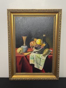 20th Century Dutch Golden Age Still Life Oil Painting Signed J REED Circa - 20th Century Composition- Oil On Canvas An Breathtaking Artwork Of A Meticulously Place Still Life Ensemble Of Fruit In A Iridescent Bowl, Ewer Jug, Fruit Knife, Patterned Napkin And Garish Beaujolais Table Cover In The Dutch Golden Age Style. A Vibrant Colour Pallet With Crisp Lines And Impressive Use Of Photorealism. Signed By Accomplished Artist J Reed (Right Bottom Corner) Brief Artist History American Artist Edward J Reed Has Won Numerous Awards And Art Critics Herald Him As ‘One Of The Supreme Masters Of The Technical Aspects Of Classical Realism. Provenance Purchased From Prestigious London Art Gallery And Now Part Of The Lord Hill Museum Private Collection. Dimensions In Inches Frame Height 19” X Width 14” Painting Height 15 3/4” X Width 10”