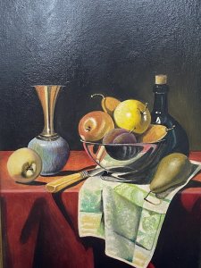 20th Century Dutch Golden Age Still Life Oil Painting Signed J REED Circa - 20th Century Composition- Oil On Canvas An Breathtaking Artwork Of A Meticulously Place Still Life Ensemble Of Fruit In A Iridescent Bowl, Ewer Jug, Fruit Knife, Patterned Napkin And Garish Beaujolais Table Cover In The Dutch Golden Age Style. A Vibrant Colour Pallet With Crisp Lines And Impressive Use Of Photorealism. Signed By Accomplished Artist J Reed (Right Bottom Corner) Brief Artist History American Artist Edward J Reed Has Won Numerous Awards And Art Critics Herald Him As ‘One Of The Supreme Masters Of The Technical Aspects Of Classical Realism. Provenance Purchased From Prestigious London Art Gallery And Now Part Of The Lord Hill Museum Private Collection. Dimensions In Inches Frame Height 19” X Width 14” Painting Height 15 3/4” X Width 10”