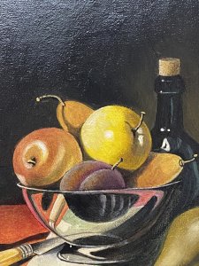 20th Century Dutch Golden Age Still Life Oil Painting Signed J REED Circa - 20th Century Composition- Oil On Canvas An Breathtaking Artwork Of A Meticulously Place Still Life Ensemble Of Fruit In A Iridescent Bowl, Ewer Jug, Fruit Knife, Patterned Napkin And Garish Beaujolais Table Cover In The Dutch Golden Age Style. A Vibrant Colour Pallet With Crisp Lines And Impressive Use Of Photorealism. Signed By Accomplished Artist J Reed (Right Bottom Corner) Brief Artist History American Artist Edward J Reed Has Won Numerous Awards And Art Critics Herald Him As ‘One Of The Supreme Masters Of The Technical Aspects Of Classical Realism. Provenance Purchased From Prestigious London Art Gallery And Now Part Of The Lord Hill Museum Private Collection. Dimensions In Inches Frame Height 19” X Width 14” Painting Height 15 3/4” X Width 10”
