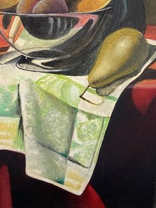 20th Century Dutch Golden Age Still Life Oil Painting Signed J REED Circa - 20th Century Composition- Oil On Canvas An Breathtaking Artwork Of A Meticulously Place Still Life Ensemble Of Fruit In A Iridescent Bowl, Ewer Jug, Fruit Knife, Patterned Napkin And Garish Beaujolais Table Cover In The Dutch Golden Age Style. A Vibrant Colour Pallet With Crisp Lines And Impressive Use Of Photorealism. Signed By Accomplished Artist J Reed (Right Bottom Corner) Brief Artist History American Artist Edward J Reed Has Won Numerous Awards And Art Critics Herald Him As ‘One Of The Supreme Masters Of The Technical Aspects Of Classical Realism. Provenance Purchased From Prestigious London Art Gallery And Now Part Of The Lord Hill Museum Private Collection. Dimensions In Inches Frame Height 19” X Width 14” Painting Height 15 3/4” X Width 10”