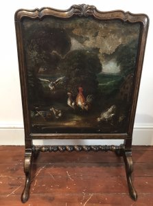 Museum Quality 18th Century Period Dutch Fire Screen 18th Century Fine Quality Foliate Carved Walnut Frame With Pad Feet And Barley Twist Stretcher Original Oil Painting Of Birds And Game In Dutch Landscape On Canvas Unsigned - Painted In The Manner Of Melchior De Hondecoeter Wonderful Detail And Excellent Composition The Silk Back Cover Is Frayed Due To The Age Of The Screen Dimensions In Inches Height 35” Width 23” Depth 16.5”