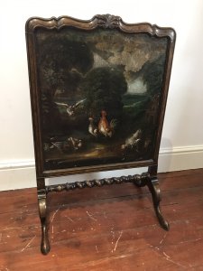 Museum Quality 18th Century Period Dutch Fire Screen 18th Century Fine Quality Foliate Carved Walnut Frame With Pad Feet And Barley Twist Stretcher Original Oil Painting Of Birds And Game In Dutch Landscape On Canvas Unsigned - Painted In The Manner Of Melchior De Hondecoeter Wonderful Detail And Excellent Composition The Silk Back Cover Is Frayed Due To The Age Of The Screen Dimensions In Inches Height 35” Width 23” Depth 16.5”