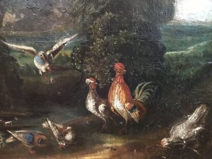 Museum Quality 18th Century Period Dutch Fire Screen 18th Century Fine Quality Foliate Carved Walnut Frame With Pad Feet And Barley Twist Stretcher Original Oil Painting Of Birds And Game In Dutch Landscape On Canvas Unsigned - Painted In The Manner Of Melchior De Hondecoeter Wonderful Detail And Excellent Composition The Silk Back Cover Is Frayed Due To The Age Of The Screen Dimensions In Inches Height 35” Width 23” Depth 16.5”