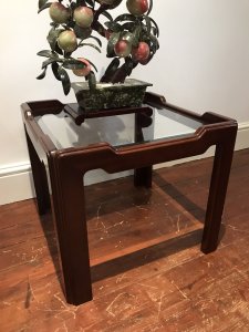High Quality Teak G Plan Coffee Table With Bevelled Glass Top Classic Art Deco Shape And Influence Shaped Gallery Top With Right Angle Shaped Leg Frame In Teak Wood With High Shine Finish Bevelled Glass Drop In Top Very Study And Designed Expertly So Coffee Cups Do Not Slide Off Stunning Piece Maker - G PLAN Dimensions In Inches Height 18” Width 21” Square