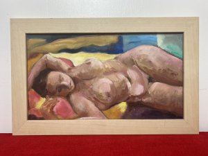 Figurative Study Of Female Muse Laying Nude By Artist Michael Jenkins. Nude Study Of Female Lay On Her Right Side Facing The Artist Hands Resting Above Her Head With Closed Eyes. The Background In Rich Primary Colours All The Focus Is On The Lady Painted With Stunning Attention To Detail An Exceptional Array Of Nude Colours In Light And Shadow. Stunning Artwork Acrylic Paint On Canvas Set In Pine Frame. This Tasteful Nude Portrait By Charismatic Artist Claude Micheal Jenkins Sadly Deceased 2011 Was Exhibited As Part Of His Naked Form Exhibition May-July 2010 At The Farfield Mill Arts And Heritage Centre In The Howgill Gallery,Sedberg, Yorkshire. Brief Artist History Michael was born in London and educated in England, Scotland and Germany. He was always interested in art from an early age and at school was given freedom and encouragement to explore his grand passion whenever possible. Aged 15, he spent three weeks alone in Florence where he apparently “discovered” Renaissance art and on his first visit to the Uffizi, he says the vision of Botticelli’s Birth of Venus was an epiphany. He has taught in schools in Oxford, Canada, Scotland and lived and worked in the Lake District since 1972, retiring in 1996. Dimensions In Inches Height 12.5” Width 20”