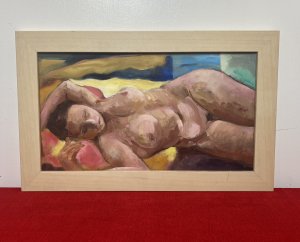 Figurative Study Of Female Muse Laying Nude By Artist Michael Jenkins. Nude Study Of Female Lay On Her Right Side Facing The Artist Hands Resting Above Her Head With Closed Eyes. The Background In Rich Primary Colours All The Focus Is On The Lady Painted With Stunning Attention To Detail An Exceptional Array Of Nude Colours In Light And Shadow. Stunning Artwork Acrylic Paint On Canvas Set In Pine Frame. This Tasteful Nude Portrait By Charismatic Artist Claude Micheal Jenkins Sadly Deceased 2011 Was Exhibited As Part Of His Naked Form Exhibition May-July 2010 At The Farfield Mill Arts And Heritage Centre In The Howgill Gallery,Sedberg, Yorkshire. Brief Artist History Michael was born in London and educated in England, Scotland and Germany. He was always interested in art from an early age and at school was given freedom and encouragement to explore his grand passion whenever possible. Aged 15, he spent three weeks alone in Florence where he apparently “discovered” Renaissance art and on his first visit to the Uffizi, he says the vision of Botticelli’s Birth of Venus was an epiphany. He has taught in schools in Oxford, Canada, Scotland and lived and worked in the Lake District since 1972, retiring in 1996. Dimensions In Inches Height 12.5” Width 20”