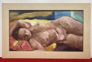 Figurative Study Of Female Muse Laying Nude By Artist Michael Jenkins. Nude Study Of Female Lay On Her Right Side Facing The Artist Hands Resting Above Her Head With Closed Eyes. The Background In Rich Primary Colours All The Focus Is On The Lady Painted With Stunning Attention To Detail An Exceptional Array Of Nude Colours In Light And Shadow. Stunning Artwork Acrylic Paint On Canvas Set In Pine Frame. This Tasteful Nude Portrait By Charismatic Artist Claude Micheal Jenkins Sadly Deceased 2011 Was Exhibited As Part Of His Naked Form Exhibition May-July 2010 At The Farfield Mill Arts And Heritage Centre In The Howgill Gallery,Sedberg, Yorkshire. Brief Artist History Michael was born in London and educated in England, Scotland and Germany. He was always interested in art from an early age and at school was given freedom and encouragement to explore his grand passion whenever possible. Aged 15, he spent three weeks alone in Florence where he apparently “discovered” Renaissance art and on his first visit to the Uffizi, he says the vision of Botticelli’s Birth of Venus was an epiphany. He has taught in schools in Oxford, Canada, Scotland and lived and worked in the Lake District since 1972, retiring in 1996. Dimensions In Inches Height 12.5” Width 20”