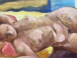 Figurative Study Of Female Muse Laying Nude By Artist Michael Jenkins. Nude Study Of Female Lay On Her Right Side Facing The Artist Hands Resting Above Her Head With Closed Eyes. The Background In Rich Primary Colours All The Focus Is On The Lady Painted With Stunning Attention To Detail An Exceptional Array Of Nude Colours In Light And Shadow. Stunning Artwork Acrylic Paint On Canvas Set In Pine Frame. This Tasteful Nude Portrait By Charismatic Artist Claude Micheal Jenkins Sadly Deceased 2011 Was Exhibited As Part Of His Naked Form Exhibition May-July 2010 At The Farfield Mill Arts And Heritage Centre In The Howgill Gallery,Sedberg, Yorkshire. Brief Artist History Michael was born in London and educated in England, Scotland and Germany. He was always interested in art from an early age and at school was given freedom and encouragement to explore his grand passion whenever possible. Aged 15, he spent three weeks alone in Florence where he apparently “discovered” Renaissance art and on his first visit to the Uffizi, he says the vision of Botticelli’s Birth of Venus was an epiphany. He has taught in schools in Oxford, Canada, Scotland and lived and worked in the Lake District since 1972, retiring in 1996. Dimensions In Inches Height 12.5” Width 20”