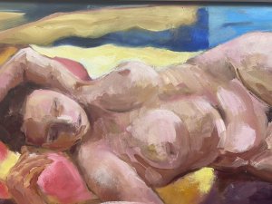 Figurative Study Of Female Muse Laying Nude By Artist Michael Jenkins. Nude Study Of Female Lay On Her Right Side Facing The Artist Hands Resting Above Her Head With Closed Eyes. The Background In Rich Primary Colours All The Focus Is On The Lady Painted With Stunning Attention To Detail An Exceptional Array Of Nude Colours In Light And Shadow. Stunning Artwork Acrylic Paint On Canvas Set In Pine Frame. This Tasteful Nude Portrait By Charismatic Artist Claude Micheal Jenkins Sadly Deceased 2011 Was Exhibited As Part Of His Naked Form Exhibition May-July 2010 At The Farfield Mill Arts And Heritage Centre In The Howgill Gallery,Sedberg, Yorkshire. Brief Artist History Michael was born in London and educated in England, Scotland and Germany. He was always interested in art from an early age and at school was given freedom and encouragement to explore his grand passion whenever possible. Aged 15, he spent three weeks alone in Florence where he apparently “discovered” Renaissance art and on his first visit to the Uffizi, he says the vision of Botticelli’s Birth of Venus was an epiphany. He has taught in schools in Oxford, Canada, Scotland and lived and worked in the Lake District since 1972, retiring in 1996. Dimensions In Inches Height 12.5” Width 20”