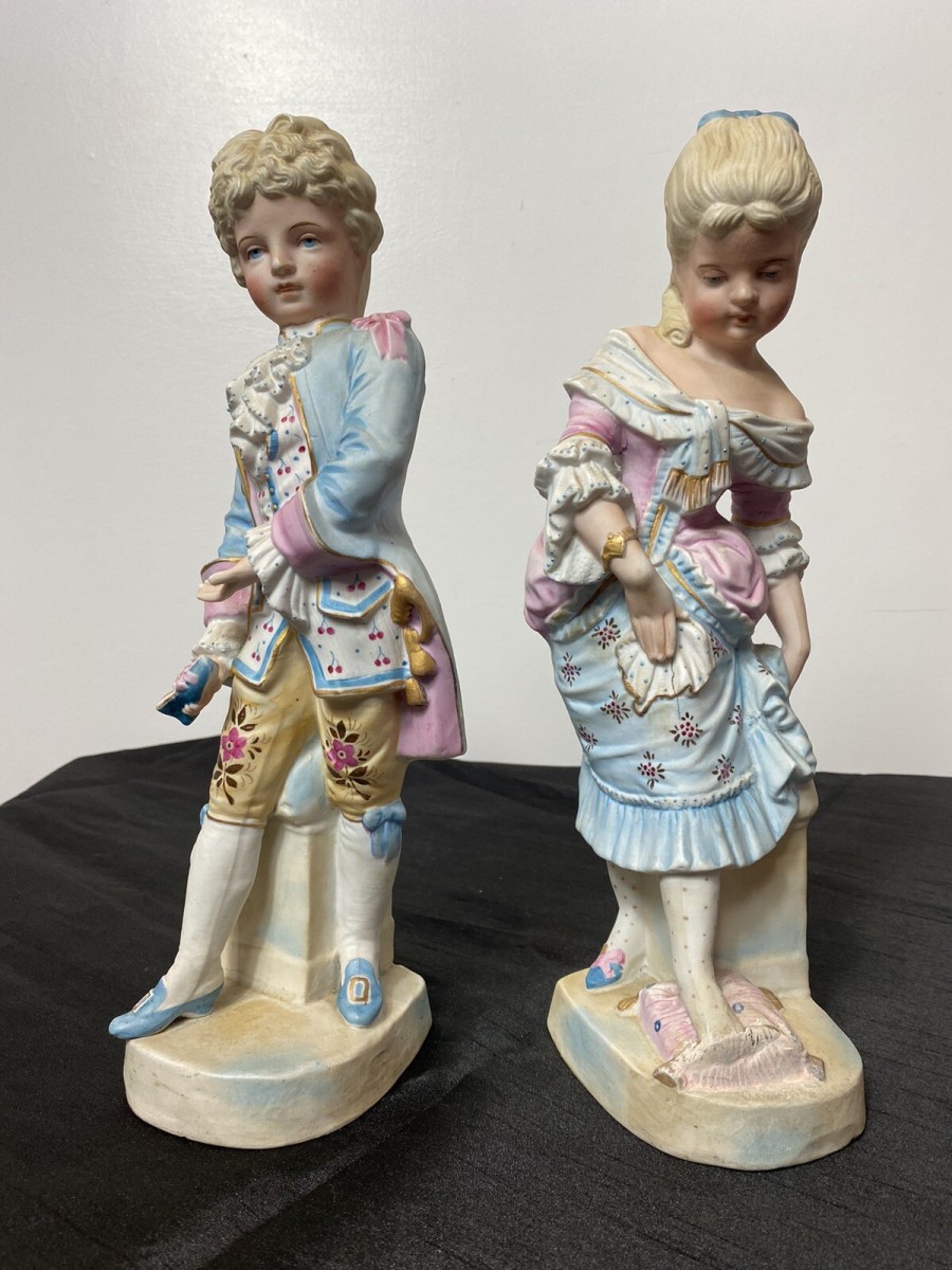 Pair Of Rare French Bisque Figurines The Prince And Princess With Glass Slipper