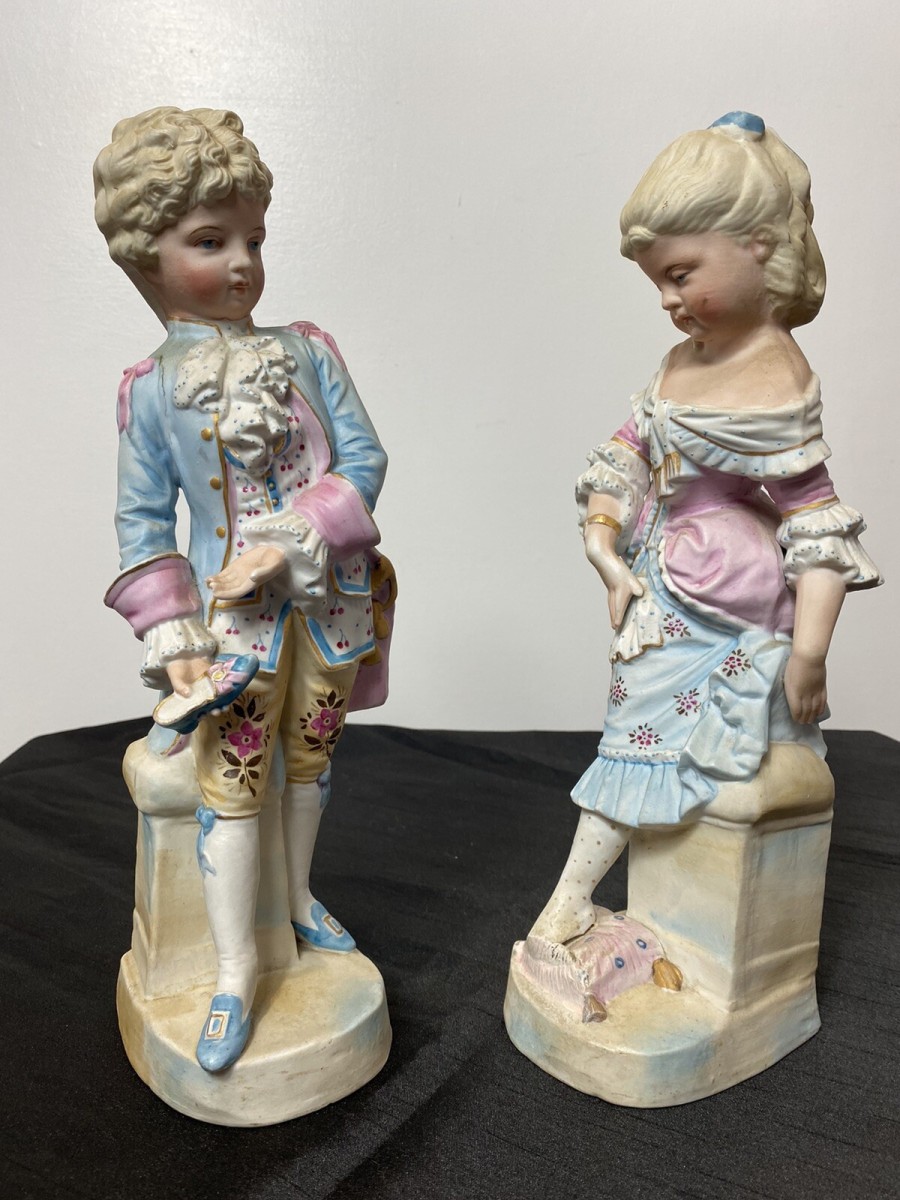 Pair Of Rare French Bisque Figurines The Prince And Princess With Glass Slipper