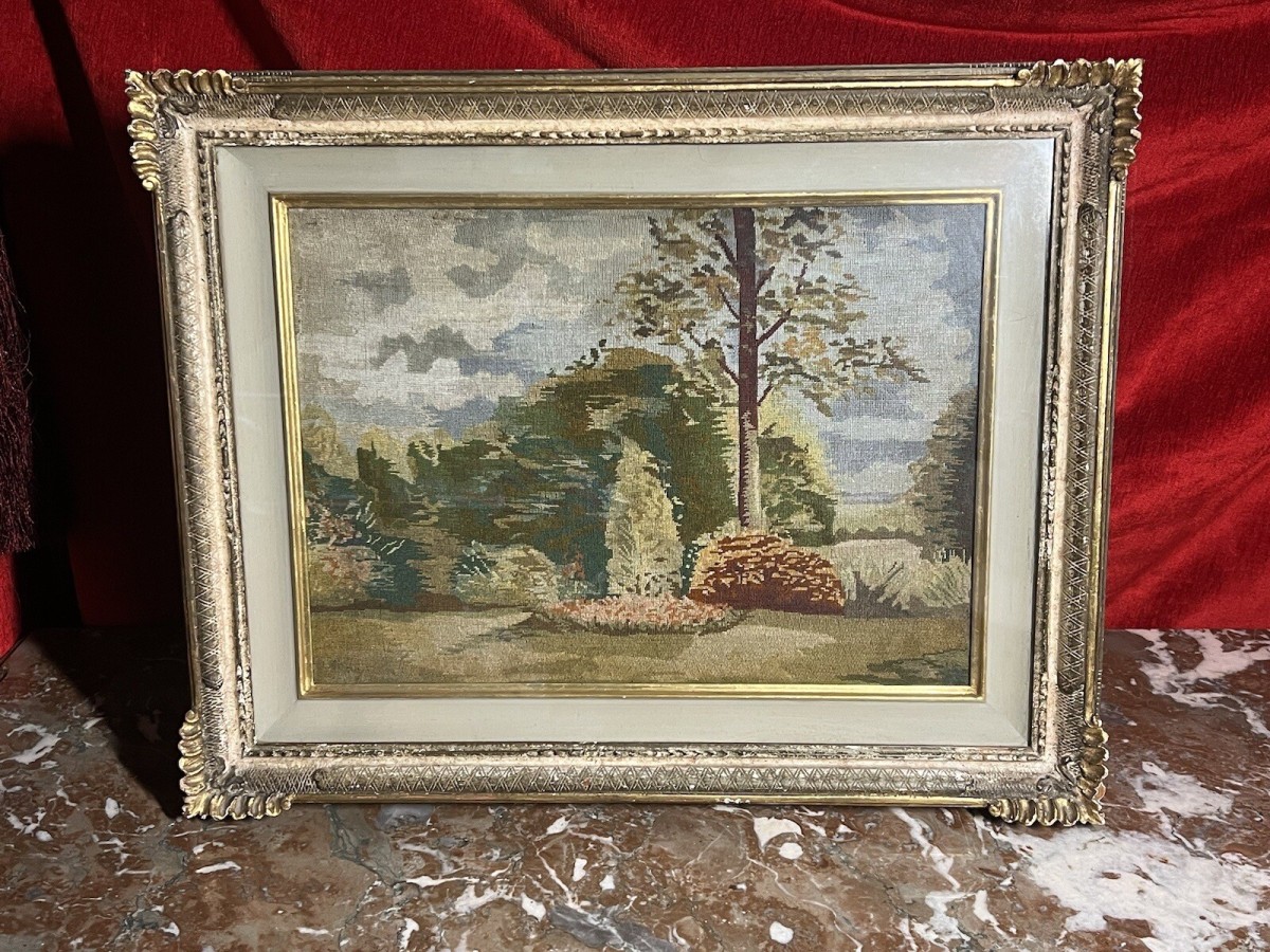 Primary image for Italian Silk Needle Work Tapestry Of Landscaped Stately Home Garden Scene