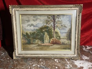Italian Silk Needle Point Tapestry Of Landscaped Stately Home Garden Scene Circa 1890 Composition - Hand Woven Silk Listing Description 19th Century Romantic Realism Scene Of Italian Landscaped Garden. Hand Woven Silk Work Showing A Stunning Variety Of Native Flora And Forna With Interesting Composition. Natural Colour Palette Of Tonal Greens/Browns. Lovely Conversation Piece. Set In Glazed Finely Carved Frame. Dimensions In Inches Height 18" X Width 23"