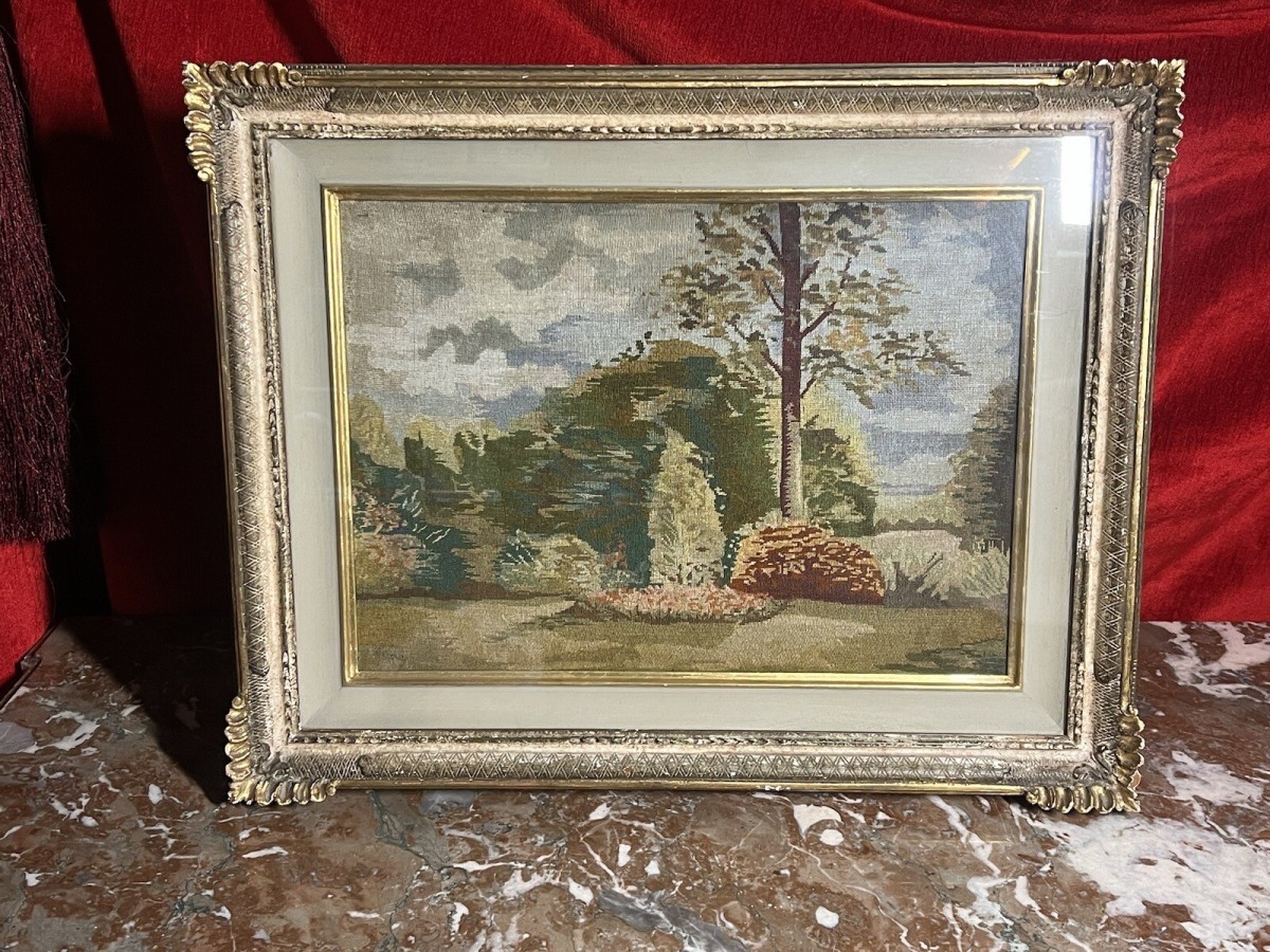 Italian Silk Needle Work Tapestry Of Landscaped Stately Home Garden Scene