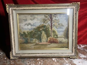 Italian Silk Needle Point Tapestry Of Landscaped Stately Home Garden Scene Circa 1890 Composition - Hand Woven Silk Listing Description 19th Century Romantic Realism Scene Of Italian Landscaped Garden. Hand Woven Silk Work Showing A Stunning Variety Of Native Flora And Forna With Interesting Composition. Natural Colour Palette Of Tonal Greens/Browns. Lovely Conversation Piece. Set In Glazed Finely Carved Frame. Dimensions In Inches Height 18" X Width 23"