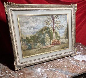 Italian Silk Needle Point Tapestry Of Landscaped Stately Home Garden Scene Circa 1890 Composition - Hand Woven Silk Listing Description 19th Century Romantic Realism Scene Of Italian Landscaped Garden. Hand Woven Silk Work Showing A Stunning Variety Of Native Flora And Forna With Interesting Composition. Natural Colour Palette Of Tonal Greens/Browns. Lovely Conversation Piece. Set In Glazed Finely Carved Frame. Dimensions In Inches Height 18" X Width 23"