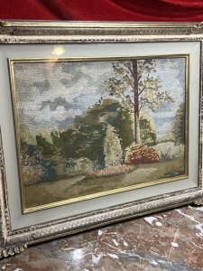 Italian Silk Needle Point Tapestry Of Landscaped Stately Home Garden Scene Circa 1890 Composition - Hand Woven Silk Listing Description 19th Century Romantic Realism Scene Of Italian Landscaped Garden. Hand Woven Silk Work Showing A Stunning Variety Of Native Flora And Forna With Interesting Composition. Natural Colour Palette Of Tonal Greens/Browns. Lovely Conversation Piece. Set In Glazed Finely Carved Frame. Dimensions In Inches Height 18" X Width 23"