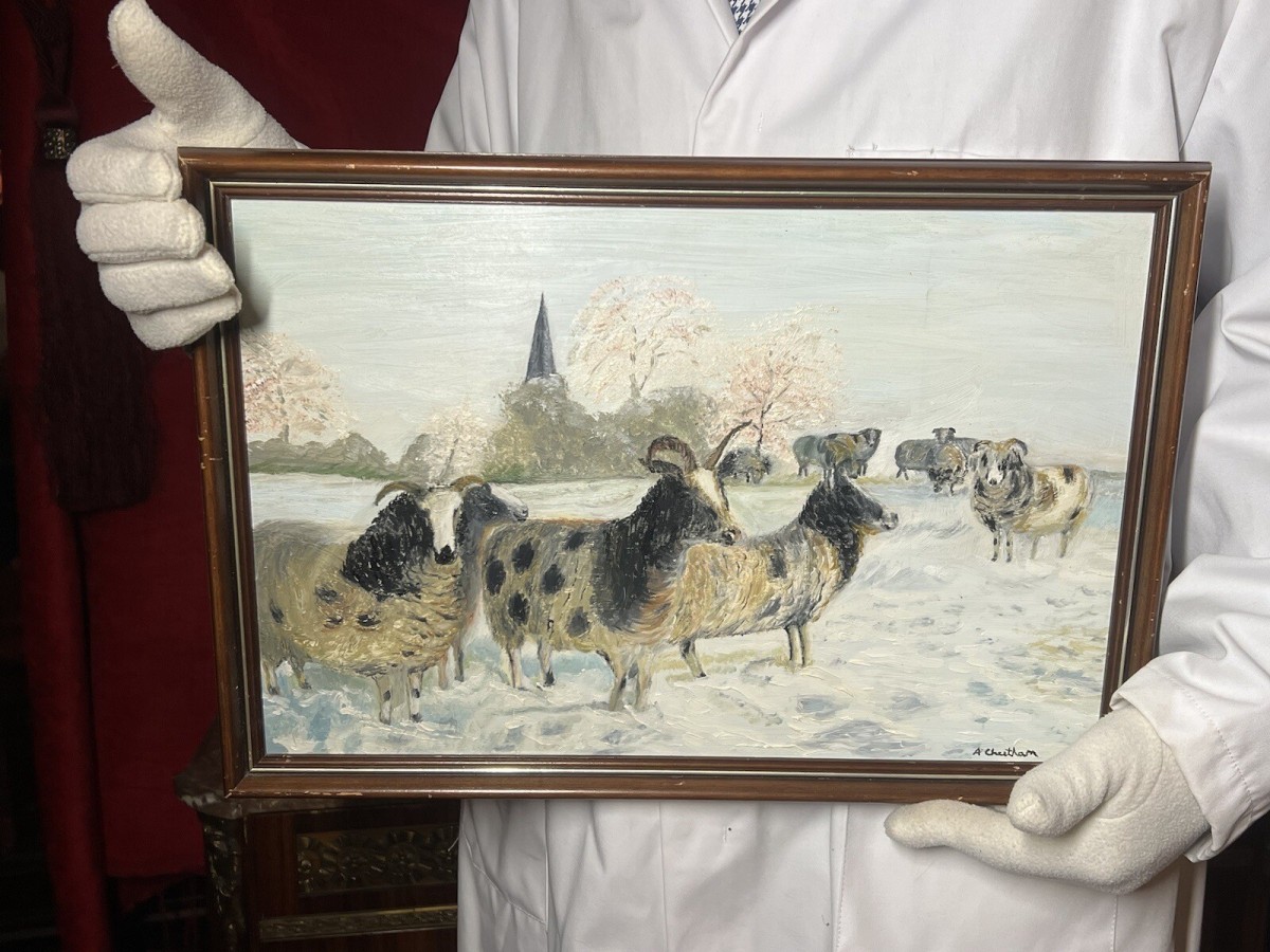 British Contemporary Artist A Cheetham Horned Ewes In Winter Landscape