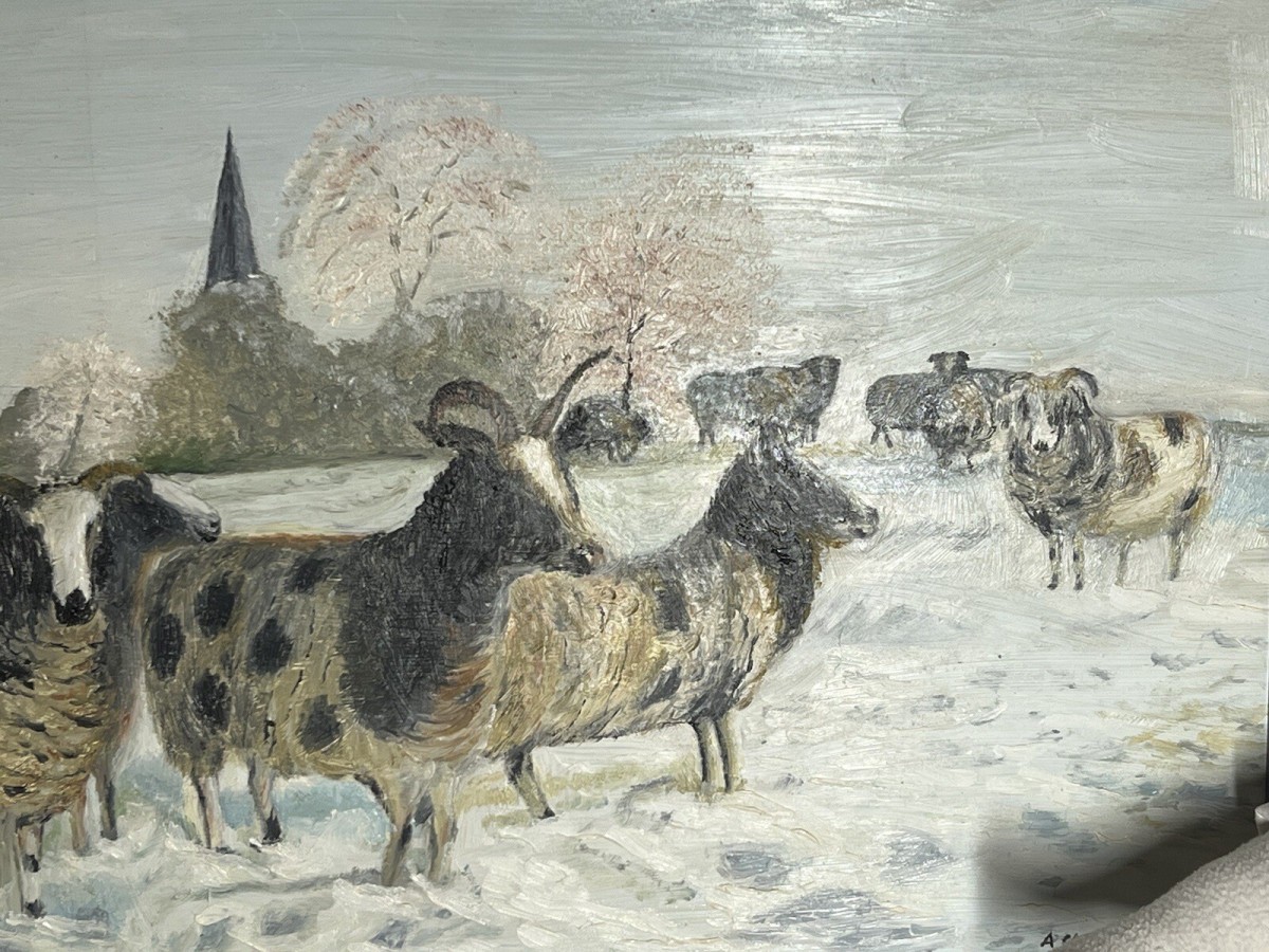 British Contemporary Artist A Cheetham Horned Ewes In Winter Landscape