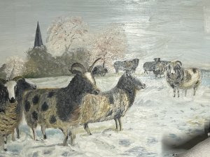 British Contemporary Artist A Cheetham Horned Ewes In Winter Landscape Circa - 2000's Composition - Oil On Board Brief Artist History Documented British Contemporary Artist. Born In Heywood Lancashire in 1871. Trained at Liverpool John Moores University And St Martins College Of Art. Andrew Lives And Works In Scarborough, North Yorkshire, Where He Has A Studio In One Of The Baiting Sheds On Harbour.He Has Been Painting The Sea And Documenting The Coastline Since 2000. Andrew Has Won Several Awards , Including Disconerning Eye Drawing Bursary, And Has Been Features In Several Publications - Facing North, Country Living Magazine and Inspired By Heritage. In 2009, He Was A Artist In Residence At Rosedale Abbey On The North York Moores. Andrews Work Can Be Found In The Collections Of Scarborough Art Gallery, The Mercer Art Gallery, And Lord And Lady Derwent. He Has Also Featured In Several Solo And Group Exhibitions. Listing Description Bright British Contemporary Artwork Of Horned Ewes In Winter Landscape, East Kilns, Rosedale North Yorkshire. Heard Of Long Coated Inquisitive Ewes, Grazing In Snowscape With Towering Church Spire In Distance. Wonderful Textural Artwork With Great Interest. Frames Artwork Signed By Artist A Cheetham. Dimensions In Inches Height 13 1/4" X Width 19 1/4" For Further Information Please Call The Curator On 07707 488566 Thank-you