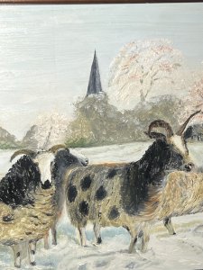 British Contemporary Artist A Cheetham Horned Ewes In Winter Landscape Circa - 2000's Composition - Oil On Board Brief Artist History Documented British Contemporary Artist. Born In Heywood Lancashire in 1871. Trained at Liverpool John Moores University And St Martins College Of Art. Andrew Lives And Works In Scarborough, North Yorkshire, Where He Has A Studio In One Of The Baiting Sheds On Harbour.He Has Been Painting The Sea And Documenting The Coastline Since 2000. Andrew Has Won Several Awards , Including Disconerning Eye Drawing Bursary, And Has Been Features In Several Publications - Facing North, Country Living Magazine and Inspired By Heritage. In 2009, He Was A Artist In Residence At Rosedale Abbey On The North York Moores. Andrews Work Can Be Found In The Collections Of Scarborough Art Gallery, The Mercer Art Gallery, And Lord And Lady Derwent. He Has Also Featured In Several Solo And Group Exhibitions. Listing Description Bright British Contemporary Artwork Of Horned Ewes In Winter Landscape, East Kilns, Rosedale North Yorkshire. Heard Of Long Coated Inquisitive Ewes, Grazing In Snowscape With Towering Church Spire In Distance. Wonderful Textural Artwork With Great Interest. Frames Artwork Signed By Artist A Cheetham. Dimensions In Inches Height 13 1/4" X Width 19 1/4" For Further Information Please Call The Curator On 07707 488566 Thank-you