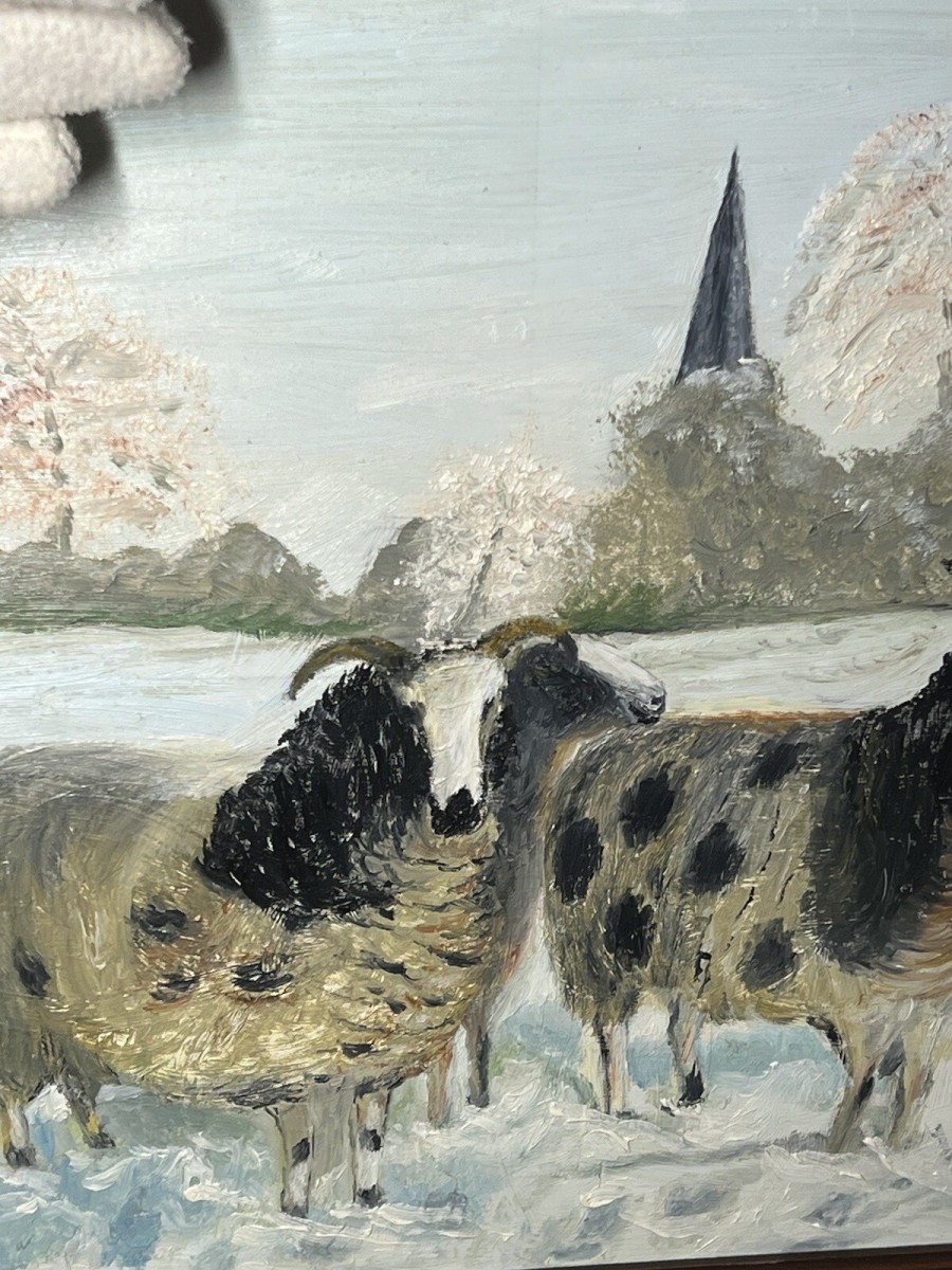 British Contemporary Artist A Cheetham Horned Ewes In Winter Landscape