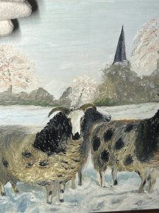 British Contemporary Artist A Cheetham Horned Ewes In Winter Landscape Circa - 2000's Composition - Oil On Board Brief Artist History Documented British Contemporary Artist. Born In Heywood Lancashire in 1871. Trained at Liverpool John Moores University And St Martins College Of Art. Andrew Lives And Works In Scarborough, North Yorkshire, Where He Has A Studio In One Of The Baiting Sheds On Harbour.He Has Been Painting The Sea And Documenting The Coastline Since 2000. Andrew Has Won Several Awards , Including Disconerning Eye Drawing Bursary, And Has Been Features In Several Publications - Facing North, Country Living Magazine and Inspired By Heritage. In 2009, He Was A Artist In Residence At Rosedale Abbey On The North York Moores. Andrews Work Can Be Found In The Collections Of Scarborough Art Gallery, The Mercer Art Gallery, And Lord And Lady Derwent. He Has Also Featured In Several Solo And Group Exhibitions. Listing Description Bright British Contemporary Artwork Of Horned Ewes In Winter Landscape, East Kilns, Rosedale North Yorkshire. Heard Of Long Coated Inquisitive Ewes, Grazing In Snowscape With Towering Church Spire In Distance. Wonderful Textural Artwork With Great Interest. Frames Artwork Signed By Artist A Cheetham. Dimensions In Inches Height 13 1/4" X Width 19 1/4" For Further Information Please Call The Curator On 07707 488566 Thank-you