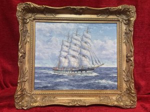Baroque Sailing Vessel Ross-shire Clipper Ship Oil Painting On Canvas J C BURNIE Circa - Dated 1976 Composition - Oil On Canvas Listing Description J C Burnie Oil On Canvas Painting Depicting Baroque Three Mast Sailing Vessel Named Ross-Shire, Built by Scott And Co In 1891 Painted Navigating Choppy Seas. Wonderfully Detailed Artwork For Maritime Collector. Set In Ornate Gilt Wood Frame. Signed And Dated By Artist. Vessel History Upon Reverse. Dimensions In Cms Height 35cm X Width 40cm For Further Information Please Call The museum Curator On 07707 488 566 Thank-you.