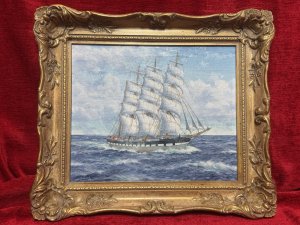 Baroque Sailing Vessel Ross-shire Clipper Ship Oil Painting On Canvas J C BURNIE Circa - Dated 1976 Composition - Oil On Canvas Listing Description J C Burnie Oil On Canvas Painting Depicting Baroque Three Mast Sailing Vessel Named Ross-Shire, Built by Scott And Co In 1891 Painted Navigating Choppy Seas. Wonderfully Detailed Artwork For Maritime Collector. Set In Ornate Gilt Wood Frame. Signed And Dated By Artist. Vessel History Upon Reverse. Dimensions In Cms Height 35cm X Width 40cm For Further Information Please Call The museum Curator On 07707 488 566 Thank-you.