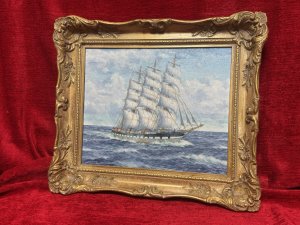Baroque Sailing Vessel Ross-shire Clipper Ship Oil Painting On Canvas J C BURNIE Circa - Dated 1976 Composition - Oil On Canvas Listing Description J C Burnie Oil On Canvas Painting Depicting Baroque Three Mast Sailing Vessel Named Ross-Shire, Built by Scott And Co In 1891 Painted Navigating Choppy Seas. Wonderfully Detailed Artwork For Maritime Collector. Set In Ornate Gilt Wood Frame. Signed And Dated By Artist. Vessel History Upon Reverse. Dimensions In Cms Height 35cm X Width 40cm For Further Information Please Call The museum Curator On 07707 488 566 Thank-you.