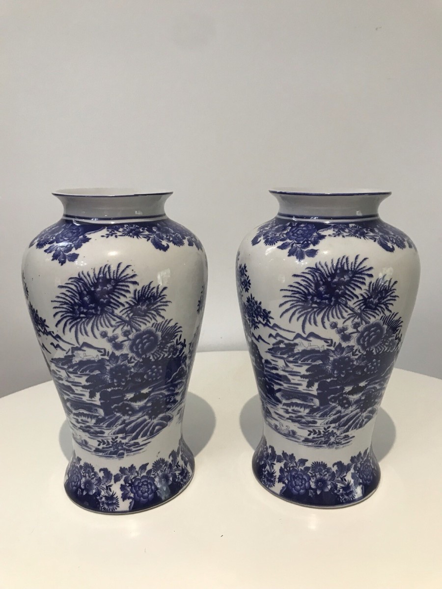 Pair Of Fine Landscape Oriental Pictorial Scene Porcelain Glazed Vases
