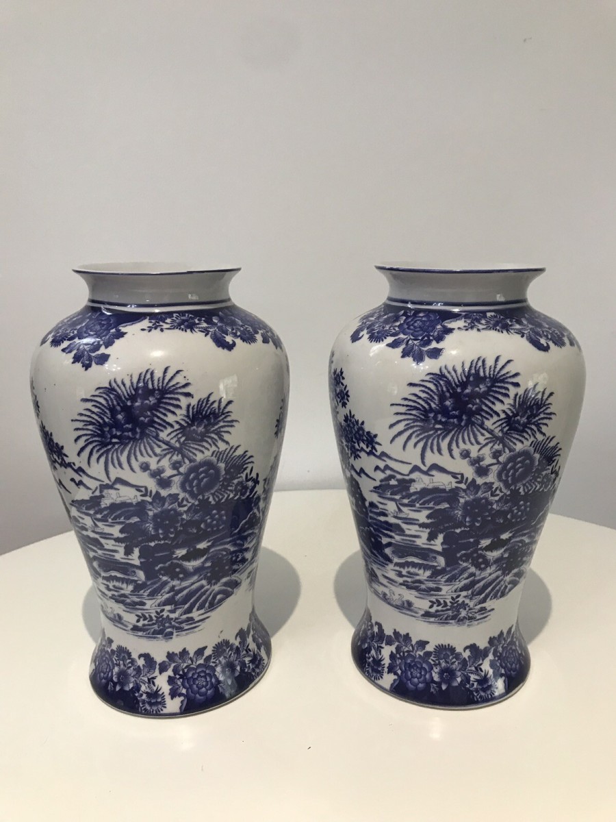 Pair Of Fine Landscape Oriental Pictorial Scene Porcelain Glazed Vases