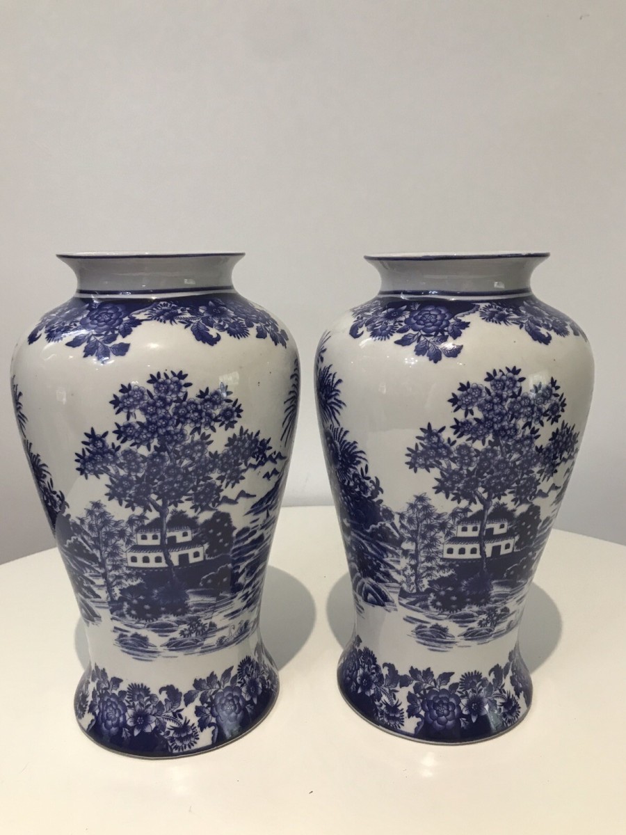 Pair Of Fine Landscape Oriental Pictorial Scene Porcelain Glazed Vases