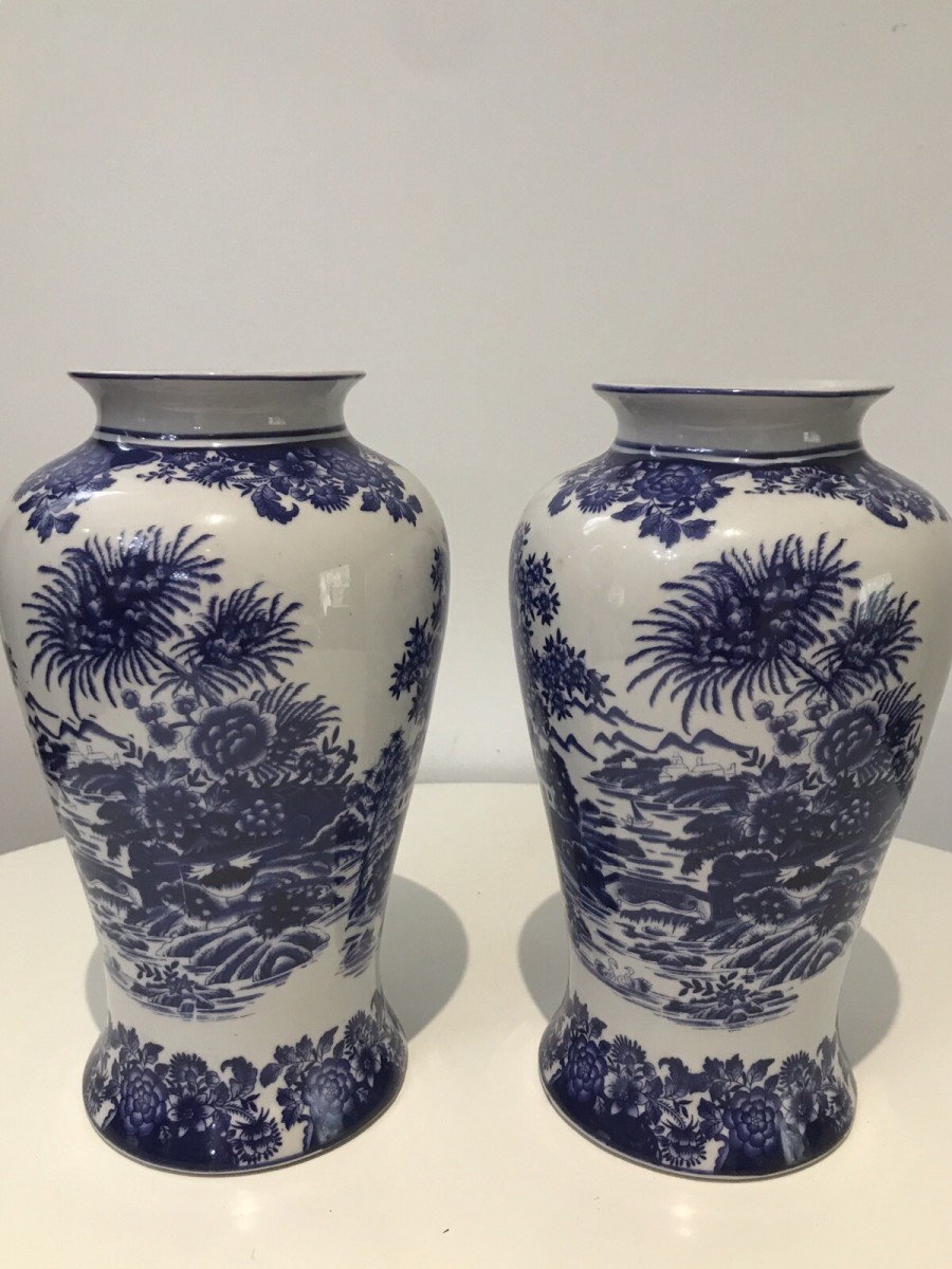 Pair Of Fine Landscape Oriental Pictorial Scene Porcelain Glazed Vases