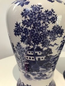 Pair Of Fine Landscape Oriental Pictorial Scene Porcelain Glazed Vases Scene Glazed On The Vases With A Transfer Matching Pair In Blue And White Floral Pictorial Scene Lovely Quality Pair Stamped On The Base Made In London Believed To Be A Factory Reproduction Dimensions In Inches Height 10.1/4” Width at Widest point 6” Base width 5” Neck width 3.5”