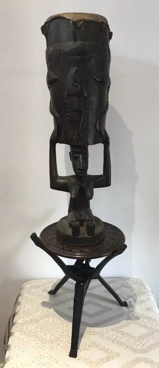 Primary image for Rare Antique Carved Wood Drum Of African Tribal Woman With Tripod Table Stand