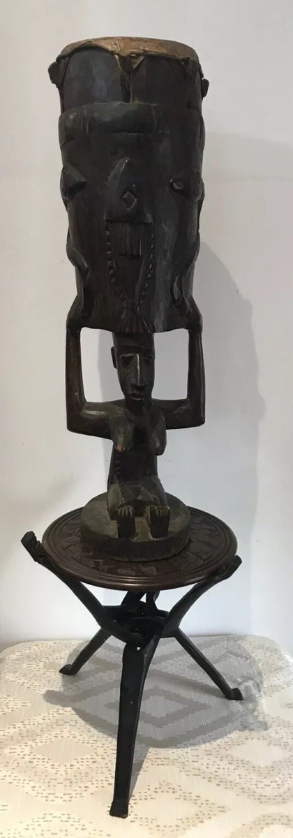 Rare Antique Carved Wood Drum Of African Tribal Woman With Tripod Table Stand