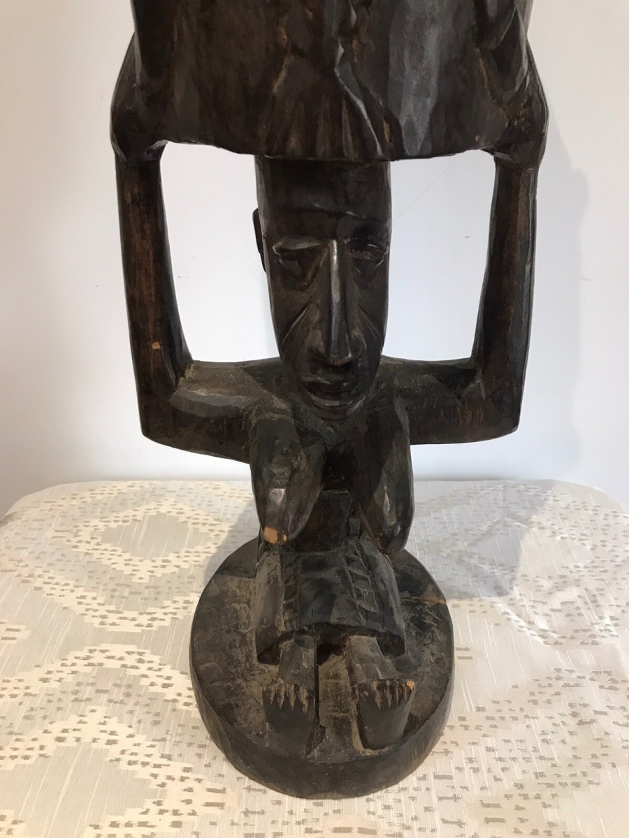 Rare Antique Carved Wood Drum Of African Tribal Woman With Tripod Table Stand
