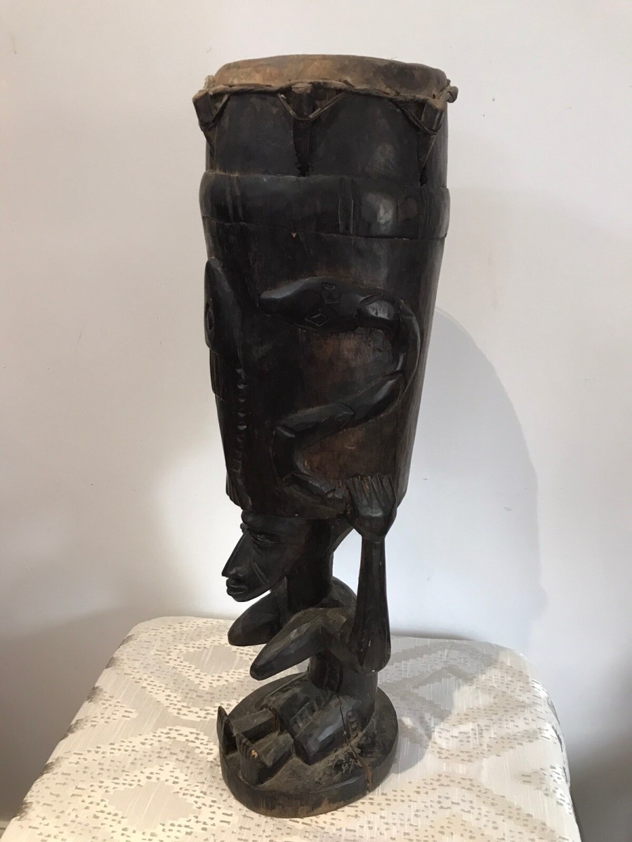 Rare Antique Carved Wood Drum Of African Tribal Woman With Tripod Table Stand