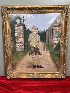 20th Century Young Master Of Inverneill House Pastel Painting Signed J Bell Circa - Dated 1973 Composition - Pastel On Artist Board Listing Description 20th Century Fine Art Pastel Artwork Of Ornate Wrought Iron Gateway View. The Young Master Of The House Standing Between Gated Pillars, Smiling At The Viewer Wearing Traditional Scottish Kilt And Blazer. House Name Inverneill House Displayed On Plaques On Gate Pillars With Trophy Vase Pinnacles. Finely Painted By Accomplished Hand With Bright Sunlit Skies With Abundant Green Foliage. Signed By Artist J Bell Dated 1973. Dimensions In Inches Height 29 1/4" X Width 25 1/4"