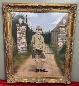 20th Century Young Master Of Inverneill House Pastel Painting Signed J Bell Circa - Dated 1973 Composition - Pastel On Artist Board Listing Description 20th Century Fine Art Pastel Artwork Of Ornate Wrought Iron Gateway View. The Young Master Of The House Standing Between Gated Pillars, Smiling At The Viewer Wearing Traditional Scottish Kilt And Blazer. House Name Inverneill House Displayed On Plaques On Gate Pillars With Trophy Vase Pinnacles. Finely Painted By Accomplished Hand With Bright Sunlit Skies With Abundant Green Foliage. Signed By Artist J Bell Dated 1973. Dimensions In Inches Height 29 1/4" X Width 25 1/4"