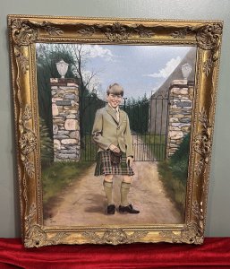 20th Century Young Master Of Inverneill House Pastel Painting Signed J Bell Circa - Dated 1973 Composition - Pastel On Artist Board Listing Description 20th Century Fine Art Pastel Artwork Of Ornate Wrought Iron Gateway View. The Young Master Of The House Standing Between Gated Pillars, Smiling At The Viewer Wearing Traditional Scottish Kilt And Blazer. House Name Inverneill House Displayed On Plaques On Gate Pillars With Trophy Vase Pinnacles. Finely Painted By Accomplished Hand With Bright Sunlit Skies With Abundant Green Foliage. Signed By Artist J Bell Dated 1973. Dimensions In Inches Height 29 1/4" X Width 25 1/4"